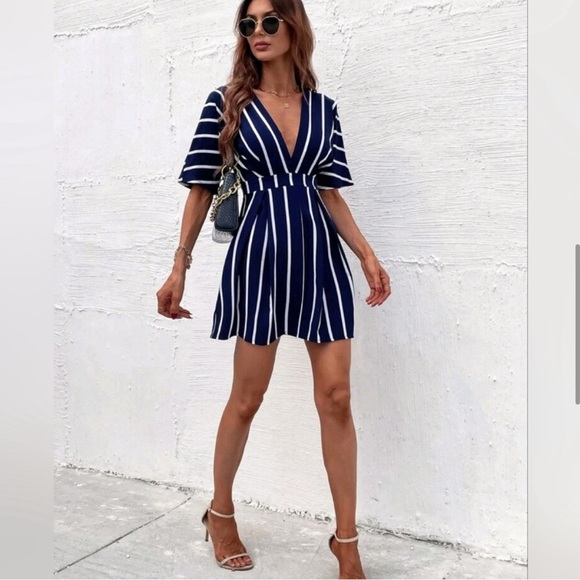 New Classic Striped Deep Plunge Mini Dress Navy Blue White Short Sleeve - Picture 8 of 8